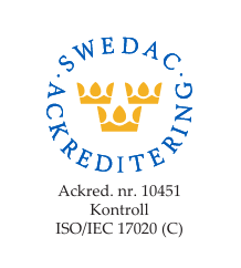 SWEDAC ackreditering nr 10451 för kontroll enligt ISO/IEC 17020